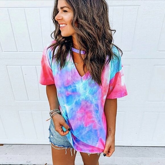 Cute Casual Soft Tie-dye V-neck Short Sleeve Tee Blue Red - Picture 1 of 6